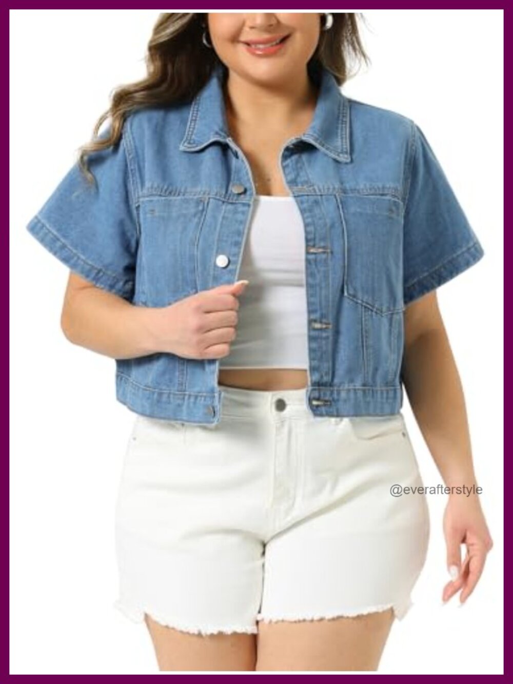 Plus Size Cropped Denim Jacket Women Button Front Lightweight Cotton Blend